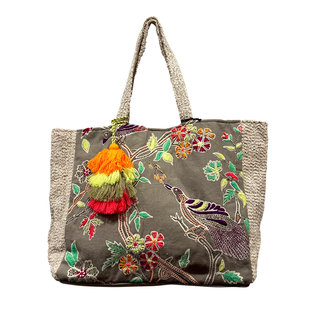 Embroidered Birds Design Pure Cotton Tote Bag for Women