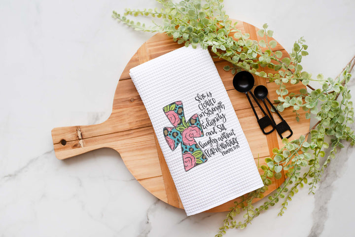 Cross Proverb Kitchen Towel, Floral Dish Towel, Tea Towel