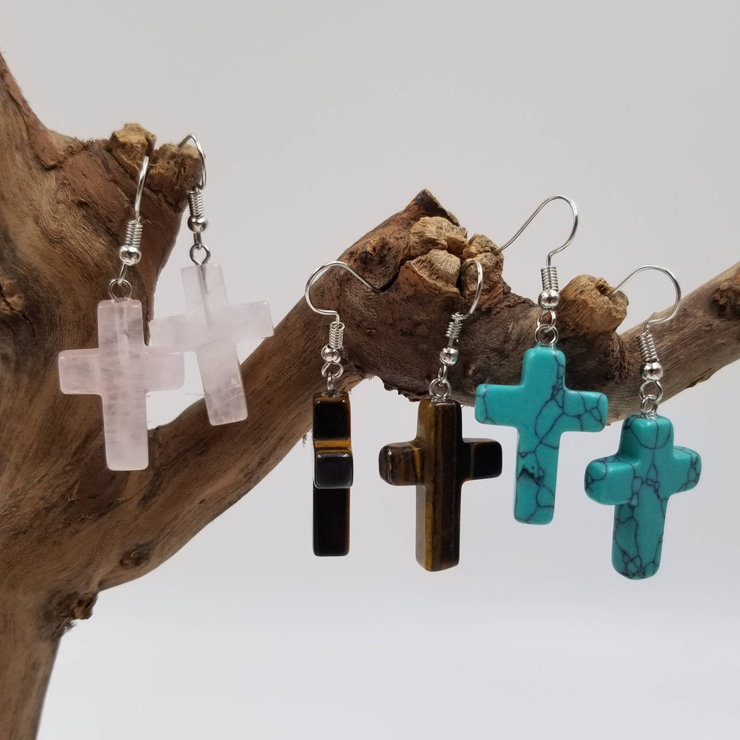 Natural Stone Crystal Cross Earrings