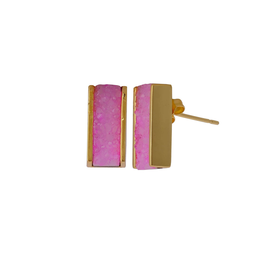 Pink Druzy Gemstone Anti-Tarnish Bar Collet Set Stud Earring