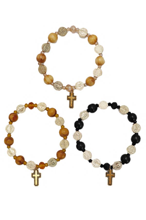 Cross Emblem Gold Plate Wooden Beaded Stretch Bracelet