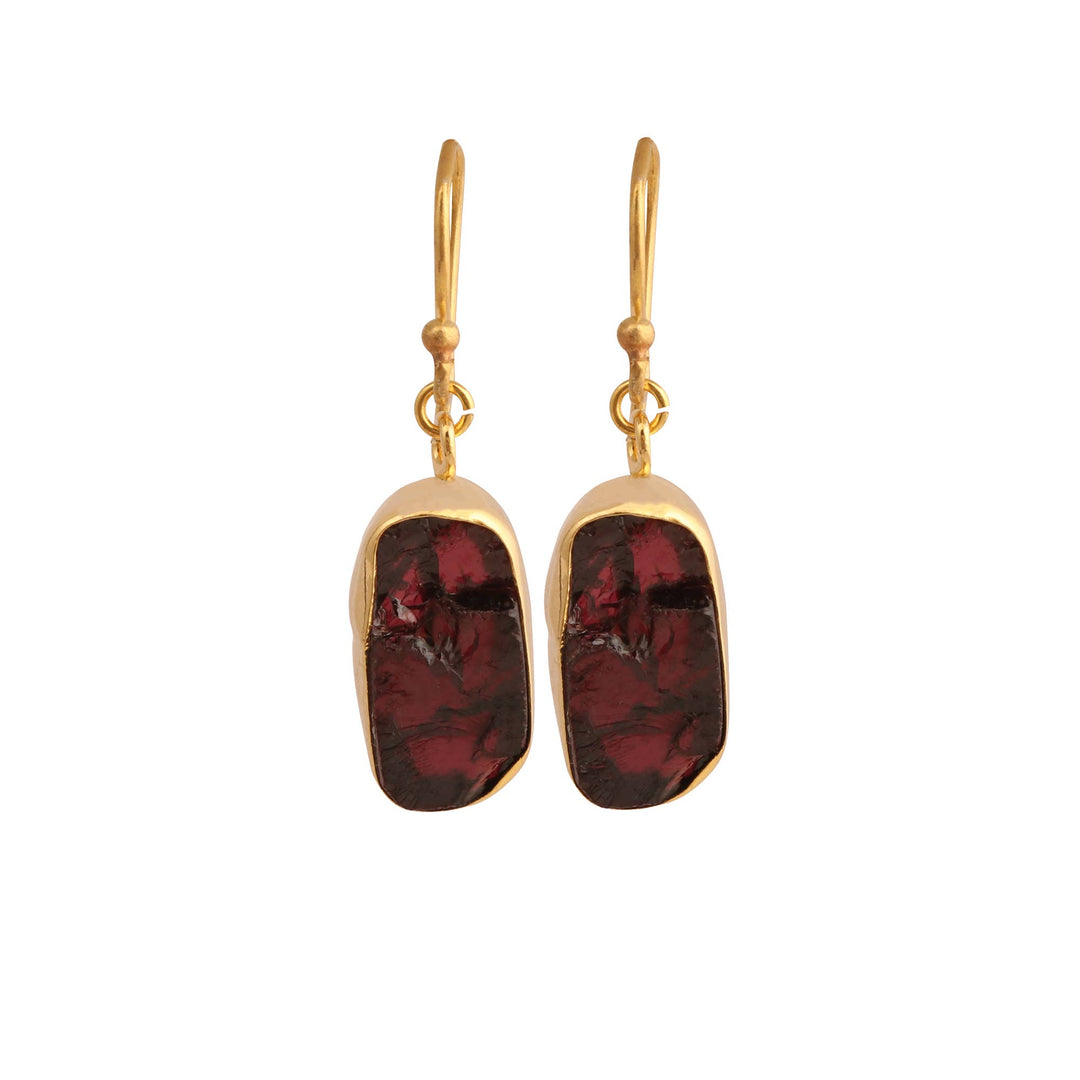 Raw Garnet Slice Dangle Earring in Gold Plated Brass Jewelry