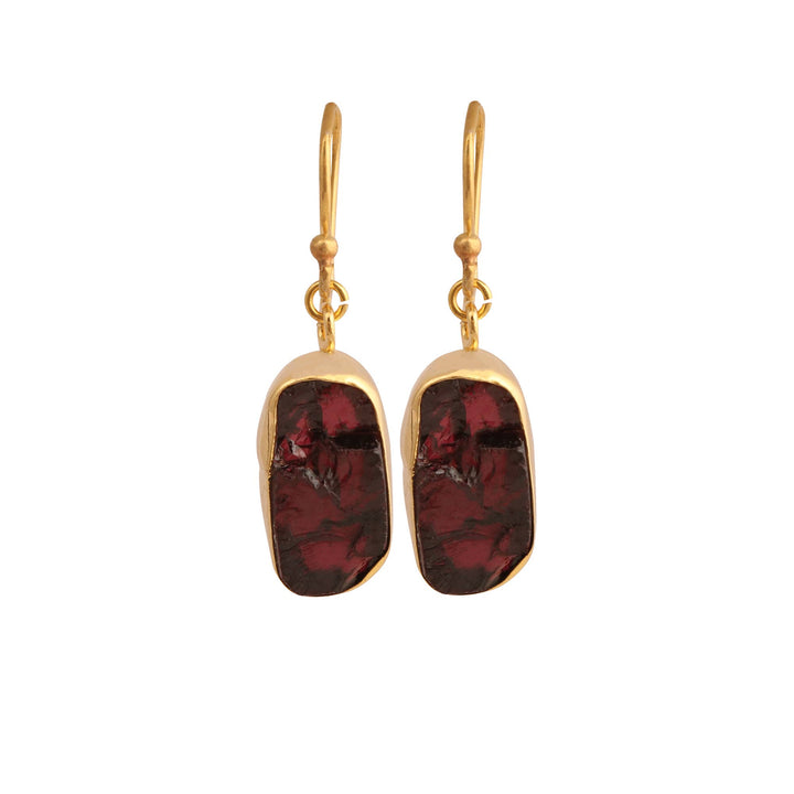 Raw Garnet Slice Dangle Earring in Gold Plated Brass Jewelry