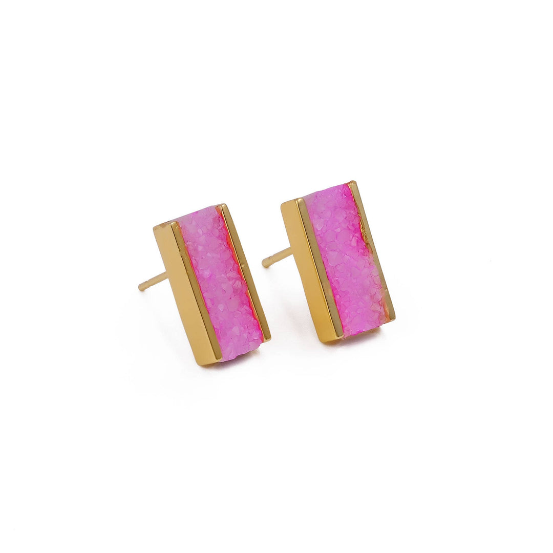 Pink Druzy Gemstone Anti-Tarnish Bar Collet Set Stud Earring
