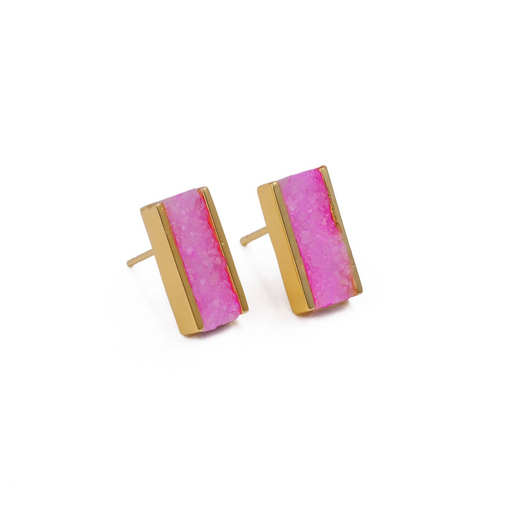 Pink Druzy Gemstone Anti-Tarnish Bar Collet Set Stud Earring