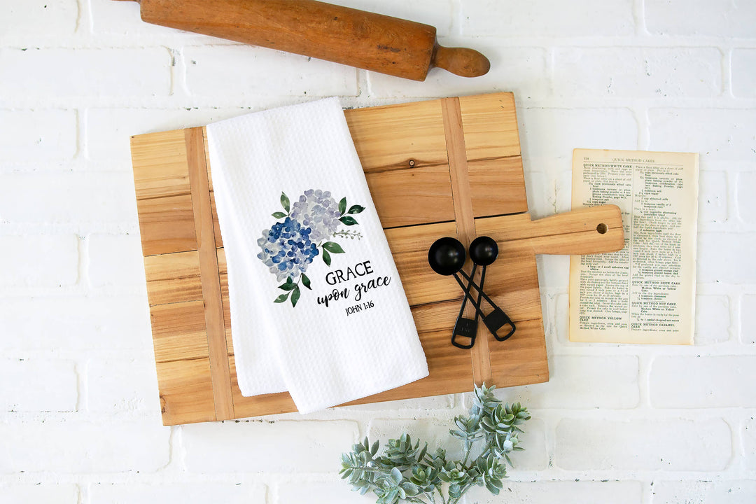 Grace Bible Verse Hydrangea Towel, Floral Decor, For Her