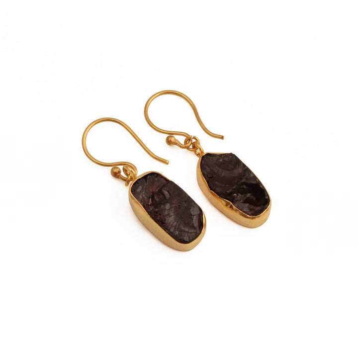 Raw Garnet Slice Dangle Earring in Gold Plated Brass Jewelry
