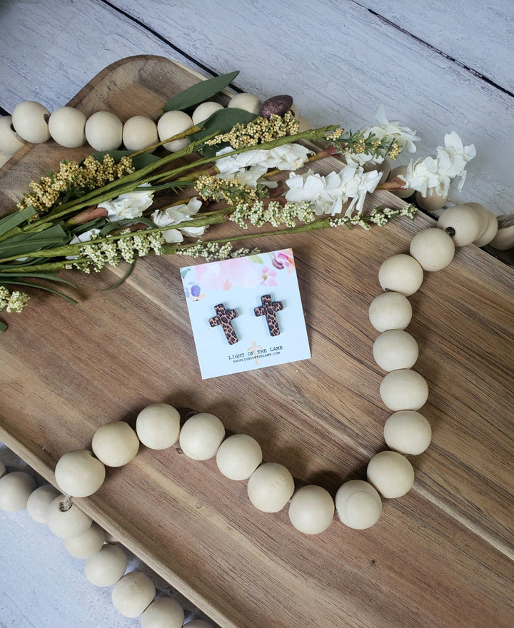 Wooden Leopard Cross Studs