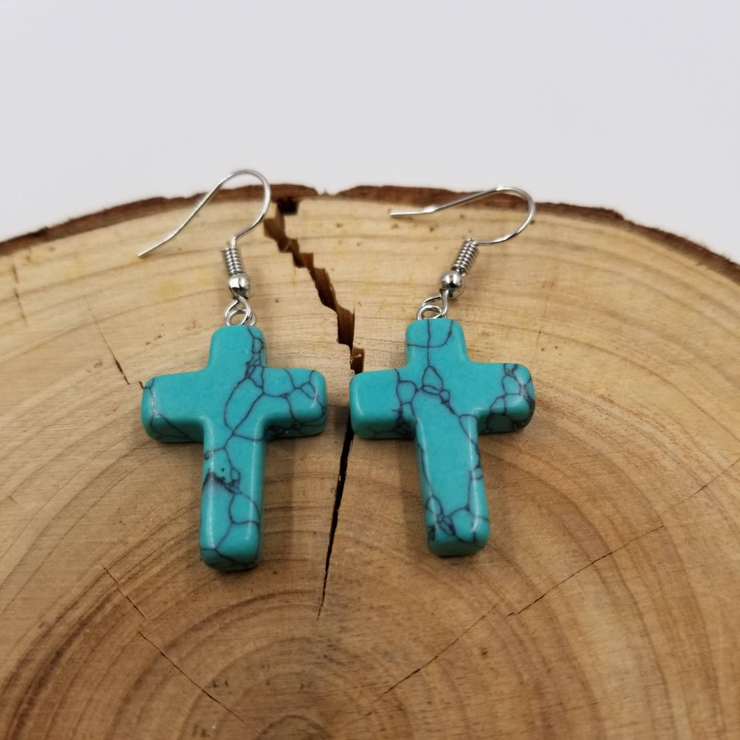 Natural Stone Crystal Cross Earrings