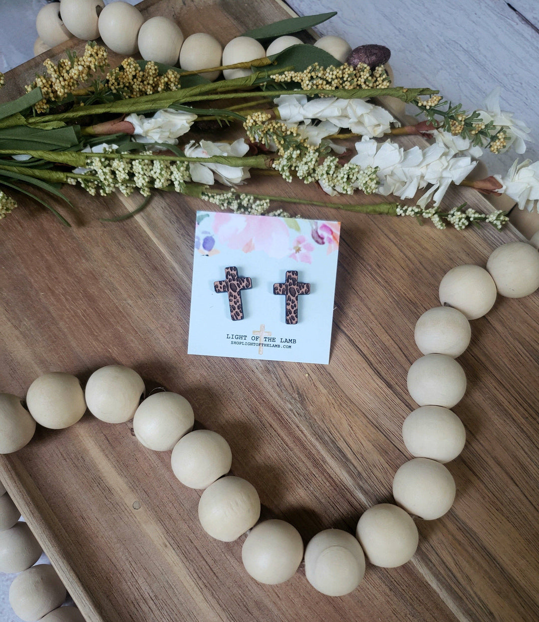 Wooden Leopard Cross Studs