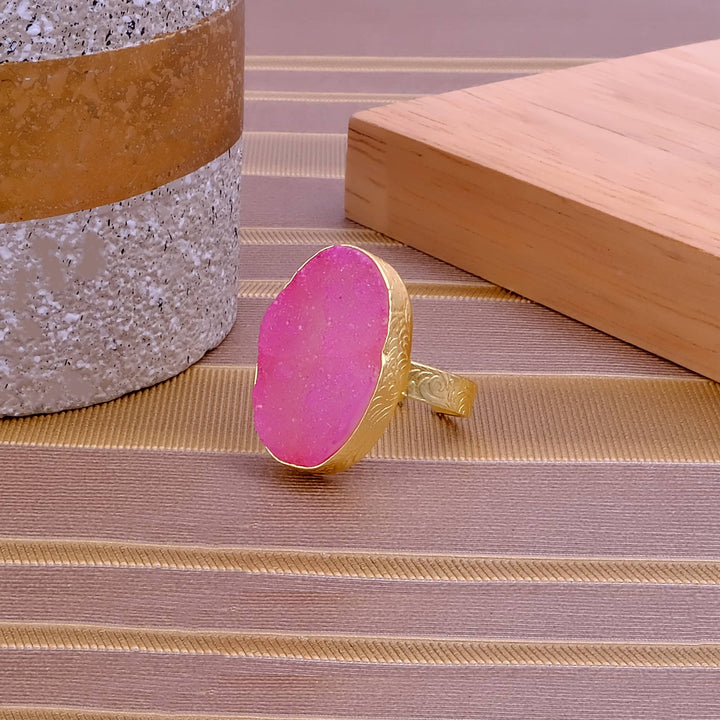 Pink Sugar Druzy Gold Plated Textured Adjustable Band Rings
