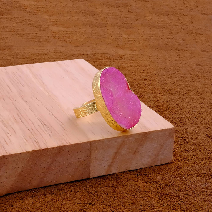 Pink Sugar Druzy Gold Plated Textured Adjustable Band Rings