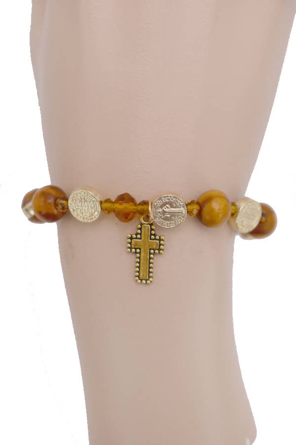 Cross Emblem Gold Plate Wooden Beaded Stretch Bracelet