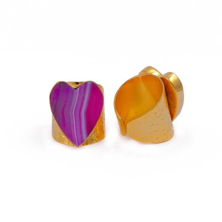 Pink Agate Collet Set Heart Shape Handmade Adjustable Ring