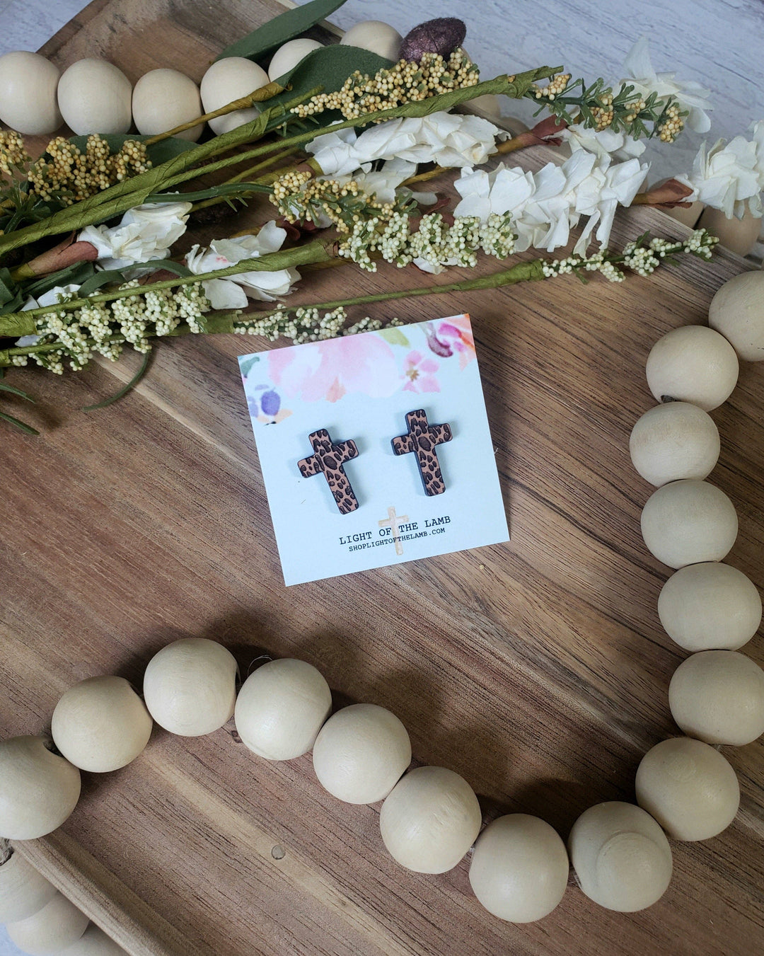 Wooden Leopard Cross Studs