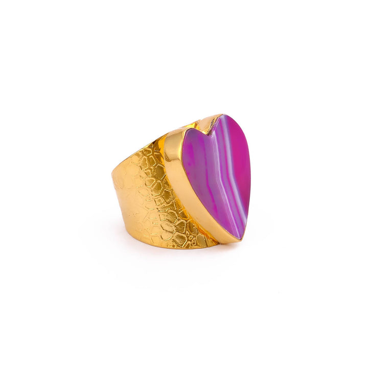 Pink Agate Collet Set Heart Shape Handmade Adjustable Ring