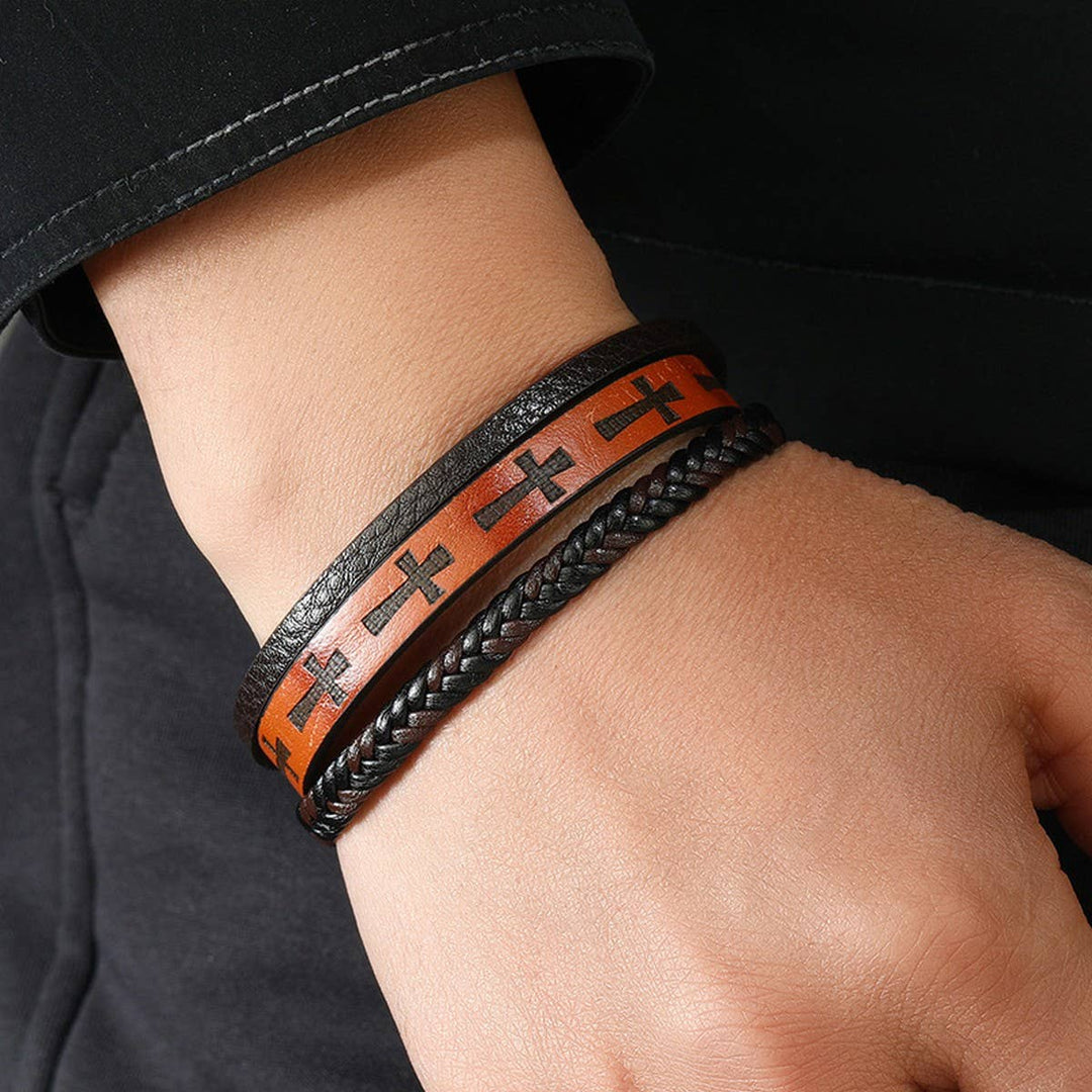MULTI-LAYER HAND-WOVEN PU LEATHER CROSS BRACELET_CWMM4528