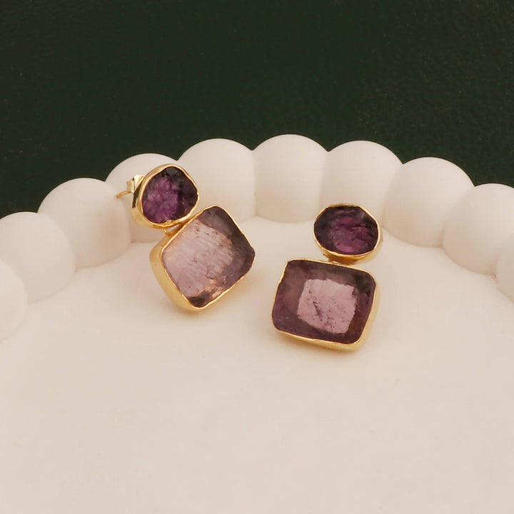 Raw Amethyst Double Stone February Birthstone Handmade Studs