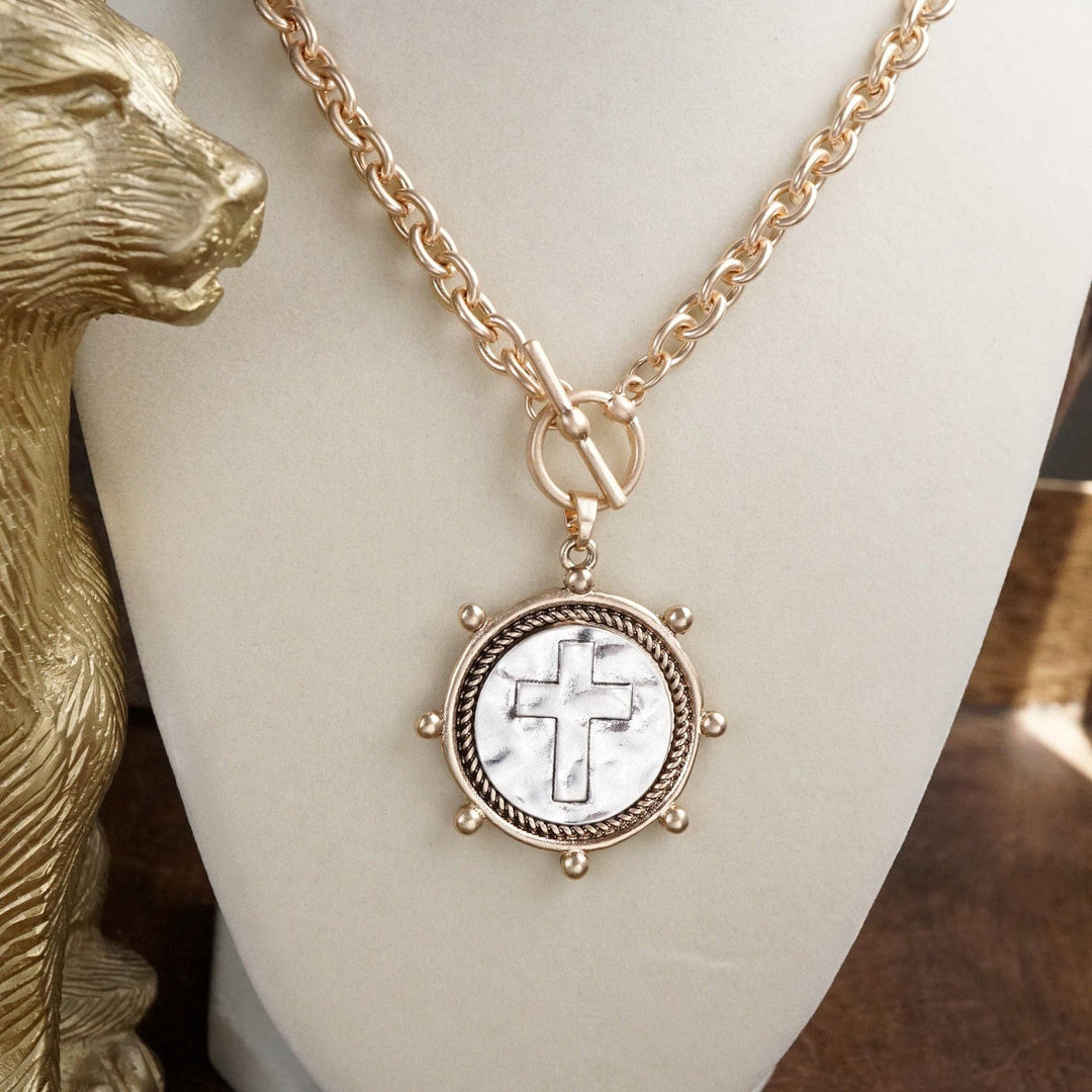 Cross Coin Chain Necklace with Front Toggle Closure – Silver or Gold Tone