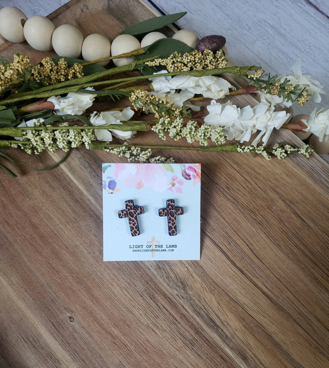 Wooden Leopard Cross Studs