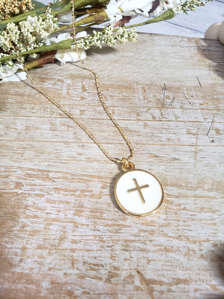 Round Cream Cross Charm Necklace With Gold chain