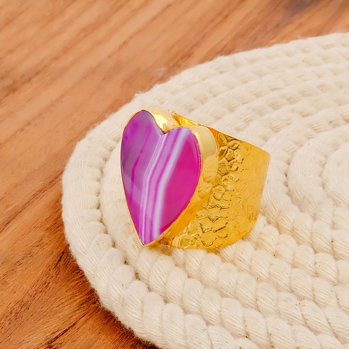 Pink Agate Collet Set Heart Shape Handmade Adjustable Ring