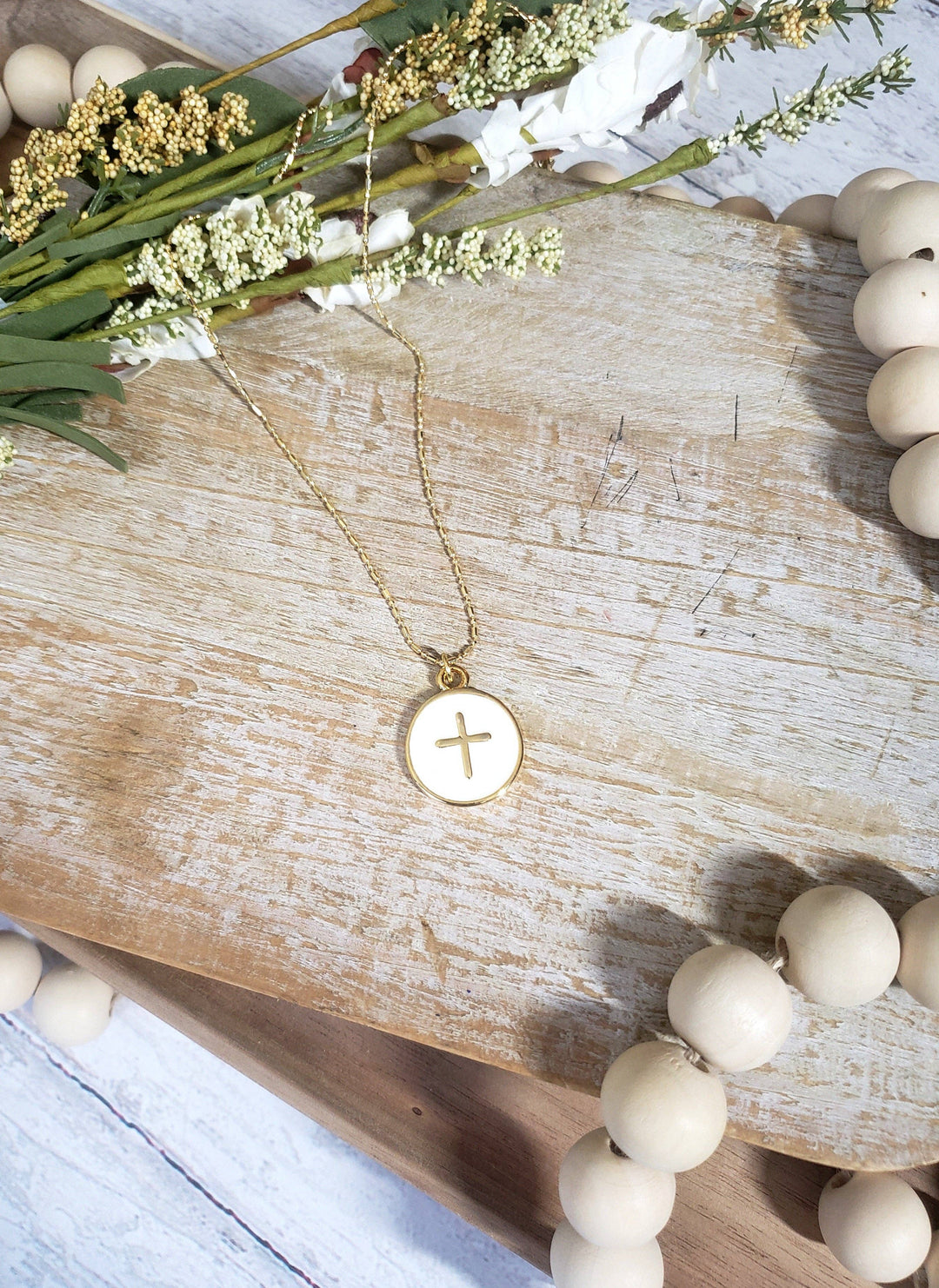 Round Cream Cross Charm Necklace With Gold chain