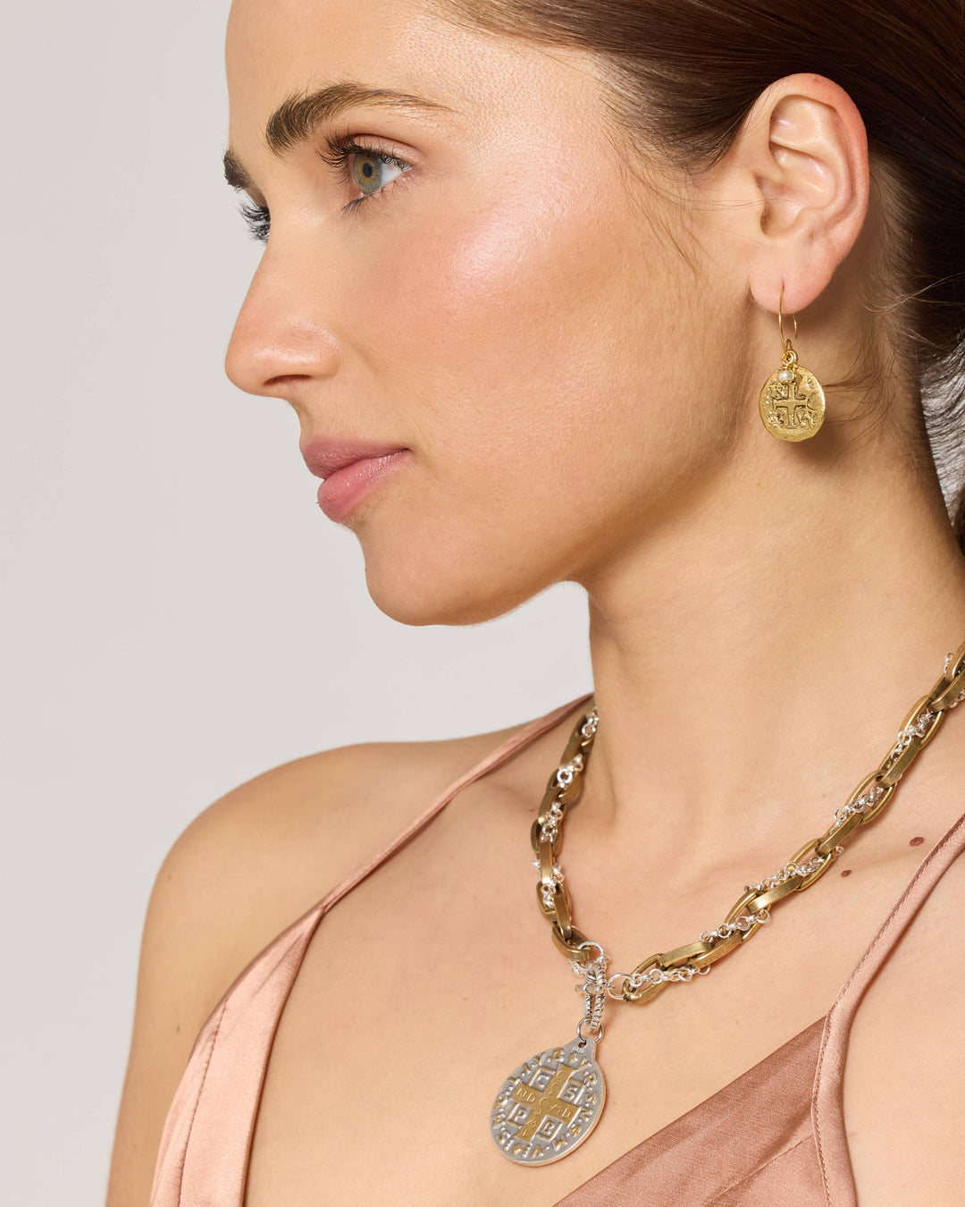 ER 07 Classic Coin Cross Earring with Metallic Bead Accent