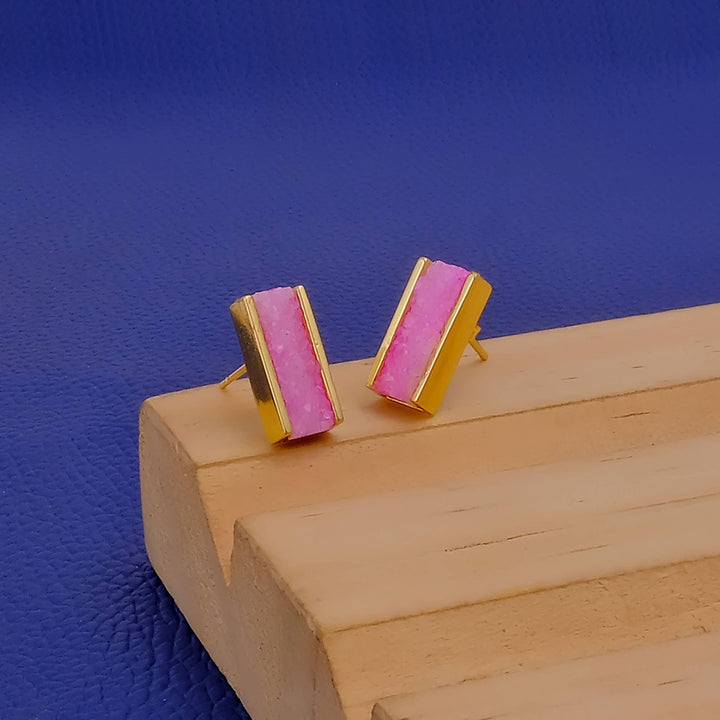 Pink Druzy Gemstone Anti-Tarnish Bar Collet Set Stud Earring