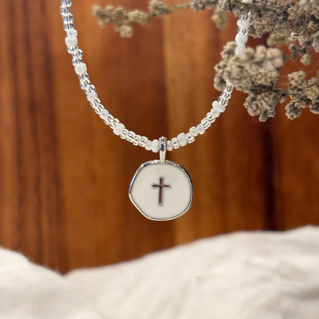 Silver Beaded Cross Necklace