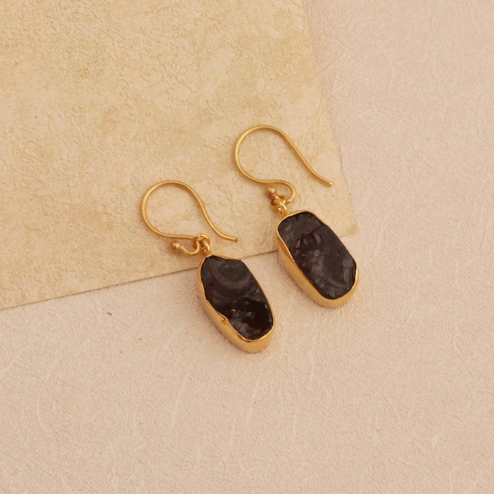 Raw Garnet Slice Dangle Earring in Gold Plated Brass Jewelry