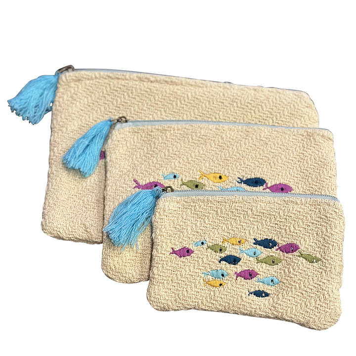 School of Fish Embroidered Pouches Set of 3