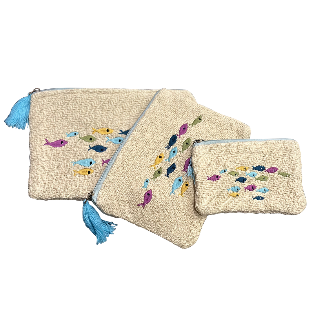 School of Fish Embroidered Pouches Set of 3