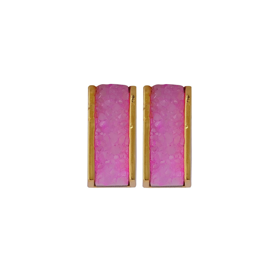 Pink Druzy Gemstone Anti-Tarnish Bar Collet Set Stud Earring
