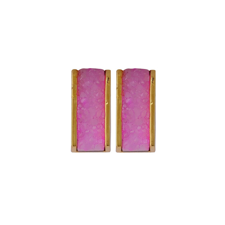 Pink Druzy Gemstone Anti-Tarnish Bar Collet Set Stud Earring