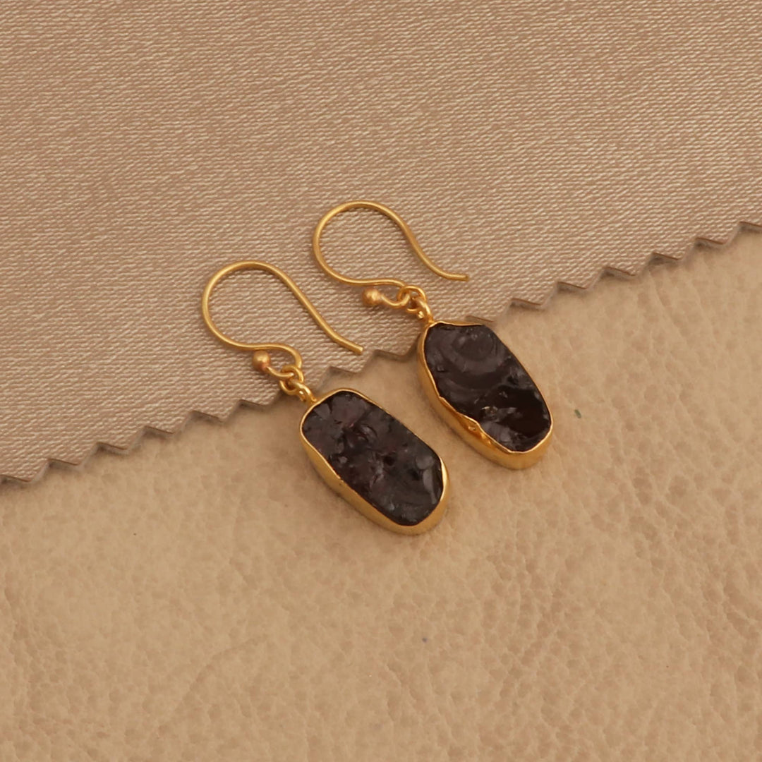Raw Garnet Slice Dangle Earring in Gold Plated Brass Jewelry