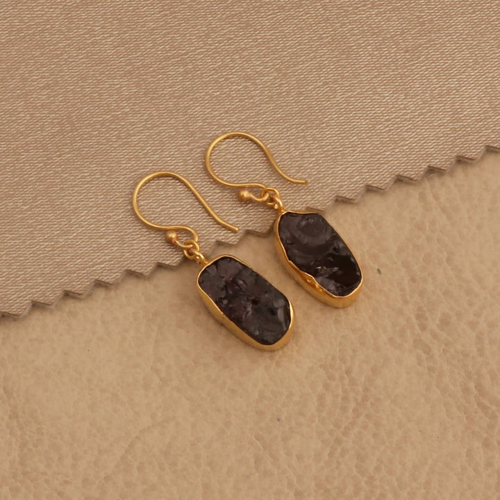 Raw Garnet Slice Dangle Earring in Gold Plated Brass Jewelry