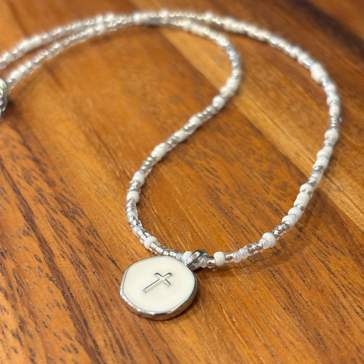Silver Beaded Cross Necklace