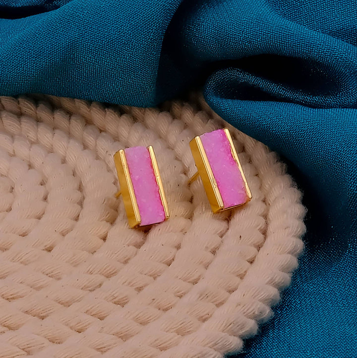Pink Druzy Gemstone Anti-Tarnish Bar Collet Set Stud Earring