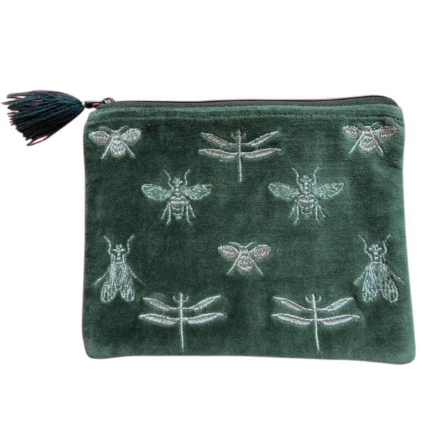 Green Velvet Bees & Dragonflies Large Pouch