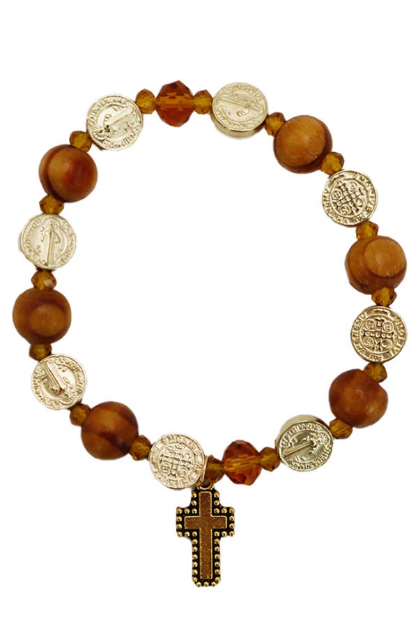 Cross Emblem Gold Plate Wooden Beaded Stretch Bracelet