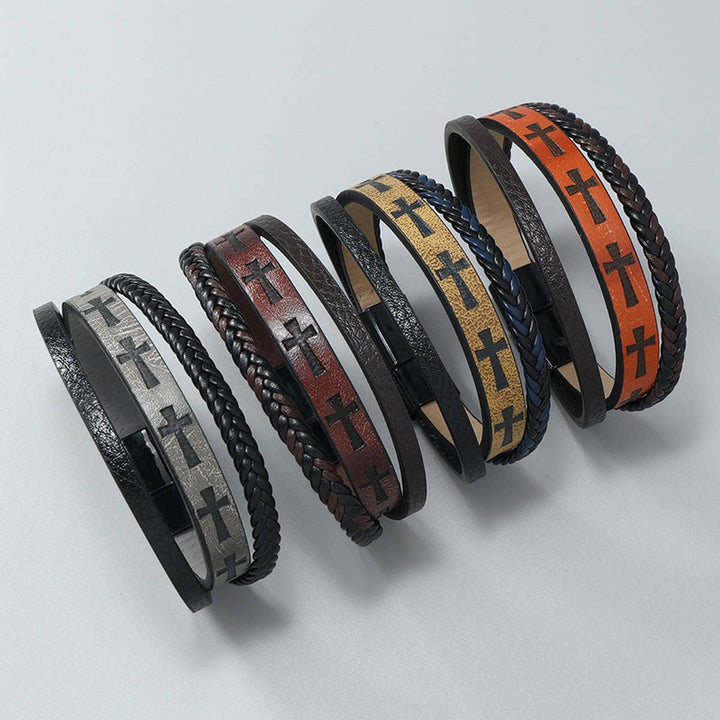 MULTI-LAYER HAND-WOVEN PU LEATHER CROSS BRACELET_CWMM4528