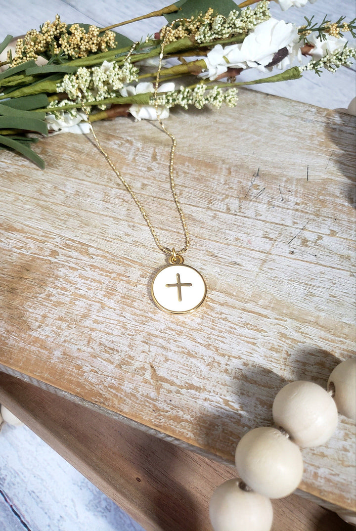Round Cream Cross Charm Necklace With Gold chain