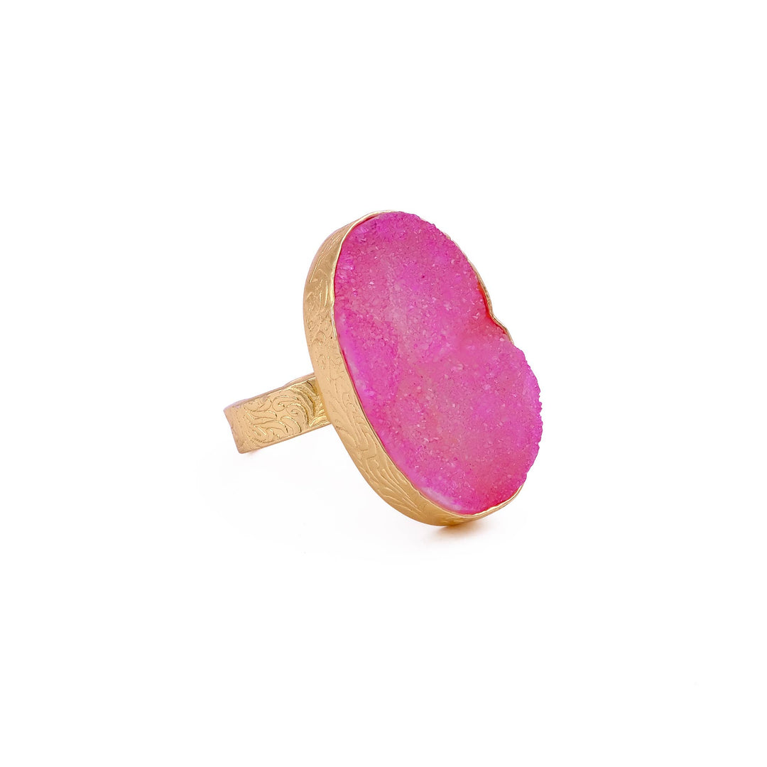 Pink Sugar Druzy Gold Plated Textured Adjustable Band Rings
