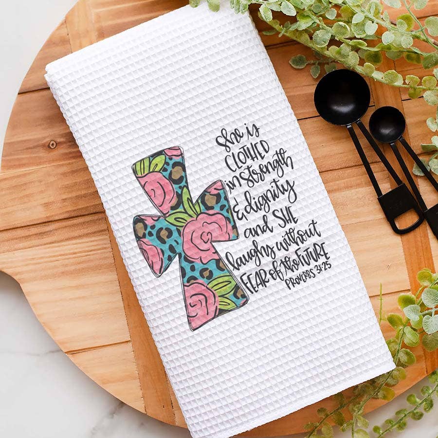 Cross Proverb Kitchen Towel, Floral Dish Towel, Tea Towel