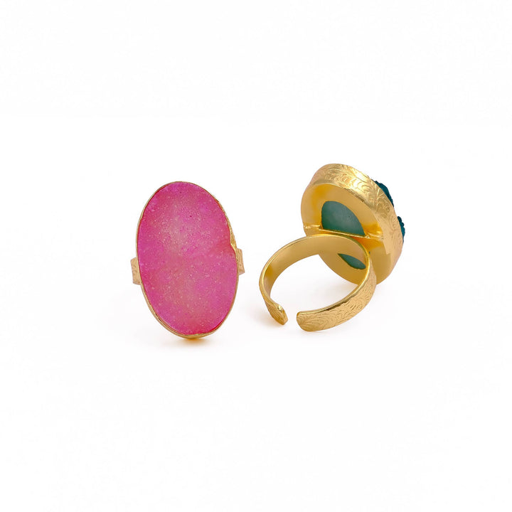 Pink Sugar Druzy Gold Plated Textured Adjustable Band Rings