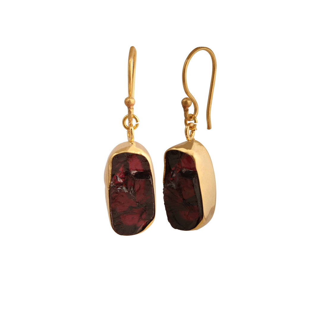 Raw Garnet Slice Dangle Earring in Gold Plated Brass Jewelry
