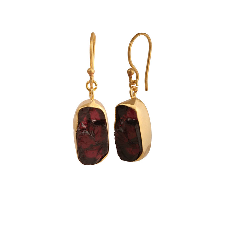 Raw Garnet Slice Dangle Earring in Gold Plated Brass Jewelry
