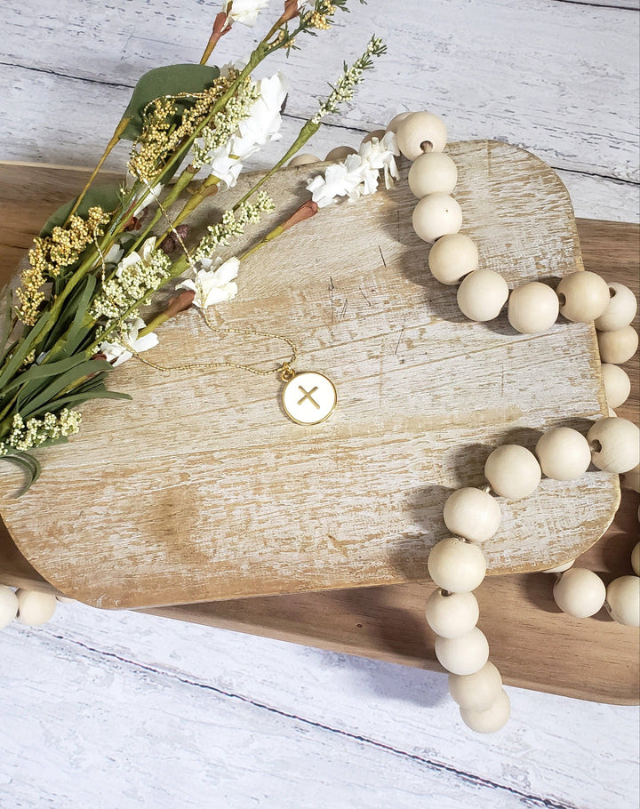 Round Cream Cross Charm Necklace With Gold chain